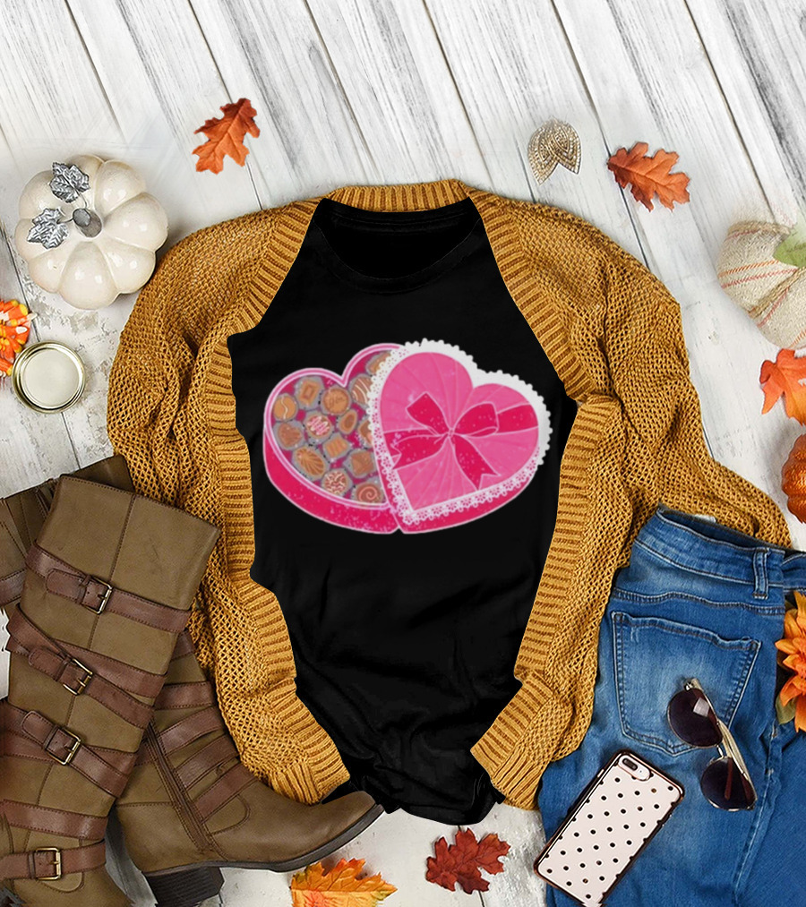 Living Fully Co Heart-Shaped Box of Chocolates with Pink Bow and Lace Trim T-Shirt