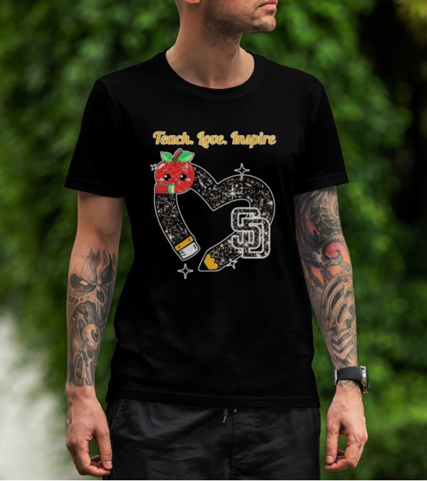 Teach Love Inspire San Diego Padres Sparkling Heart Apple Pencil T-Shirt