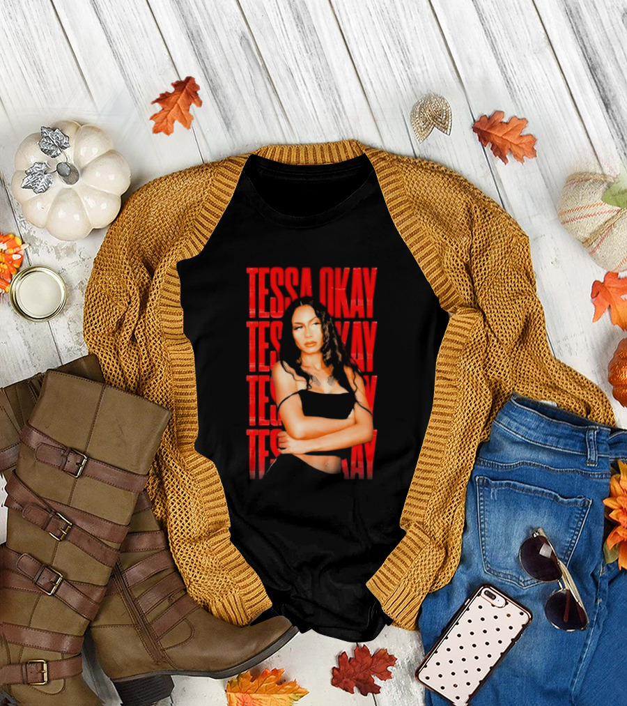 Tessa Okay Bold Red Typography with Crossed-Arms Portrait T-Shirt