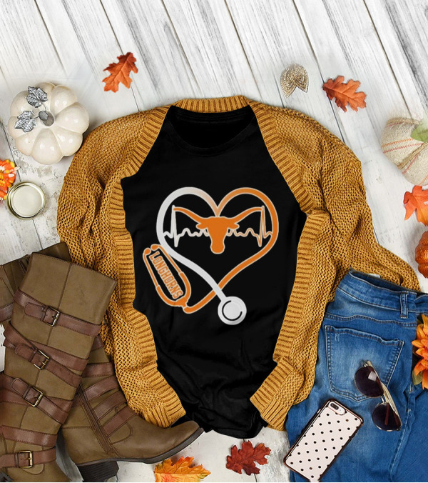 Texas Longhorns Caring Hearts Nurse Stethoscope Heartbeat T-Shirt
