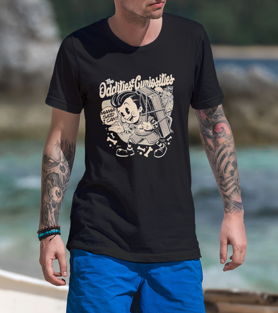 The Oddities And Curiosities Expo Mama Said I Can Skeleton Cartoon Character Carrying Coffin T-Shirt