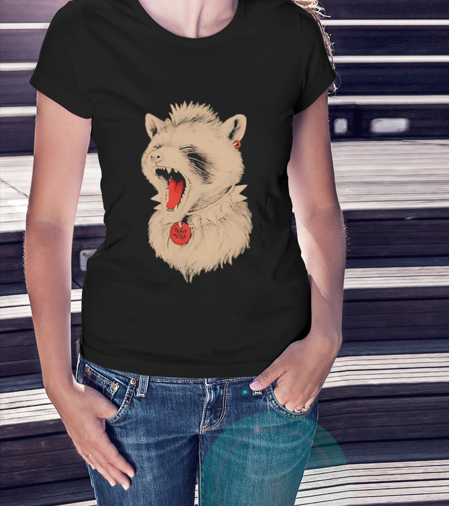 Trash Metal Raccoon With Spike Collar And Red Earring T-Shirt