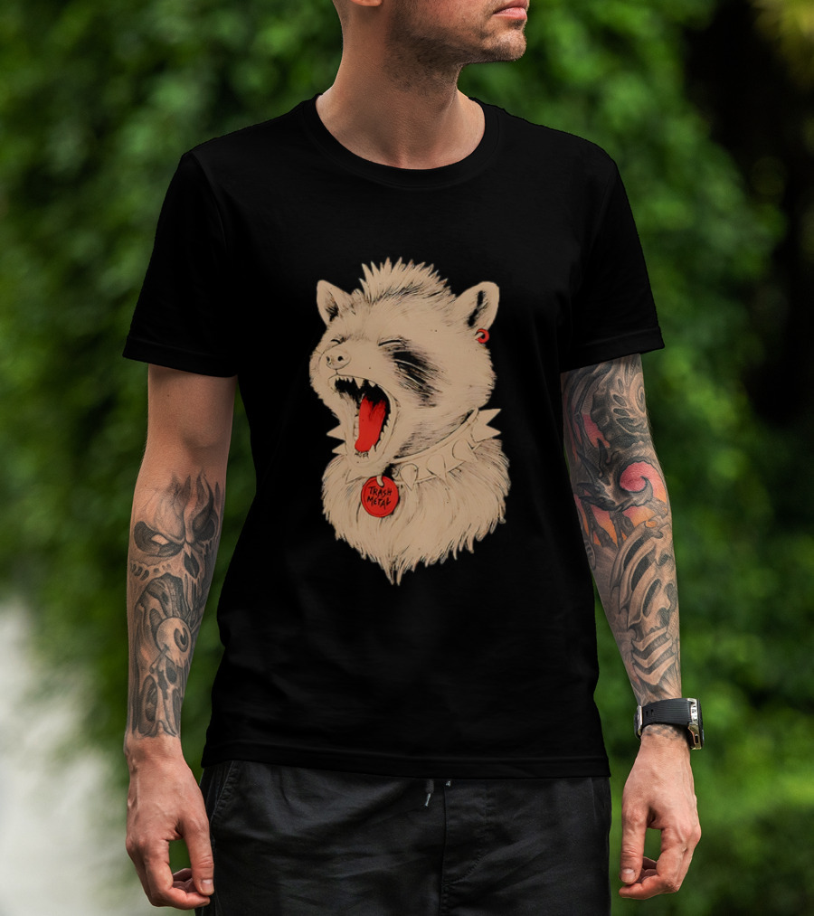Trash Metal Raccoon With Spike Collar And Red Earring T-Shirt