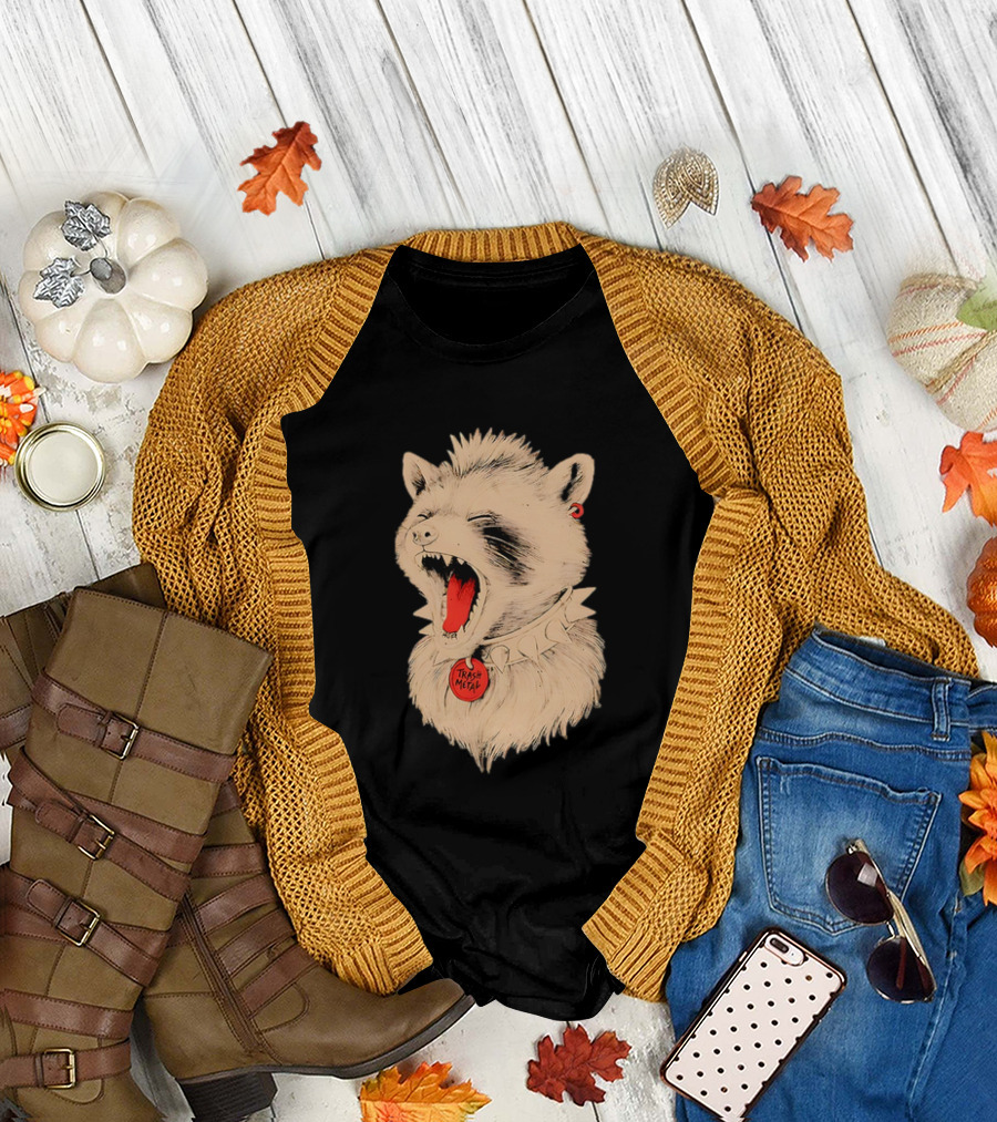Trash Metal Raccoon With Spike Collar And Red Earring T-Shirt