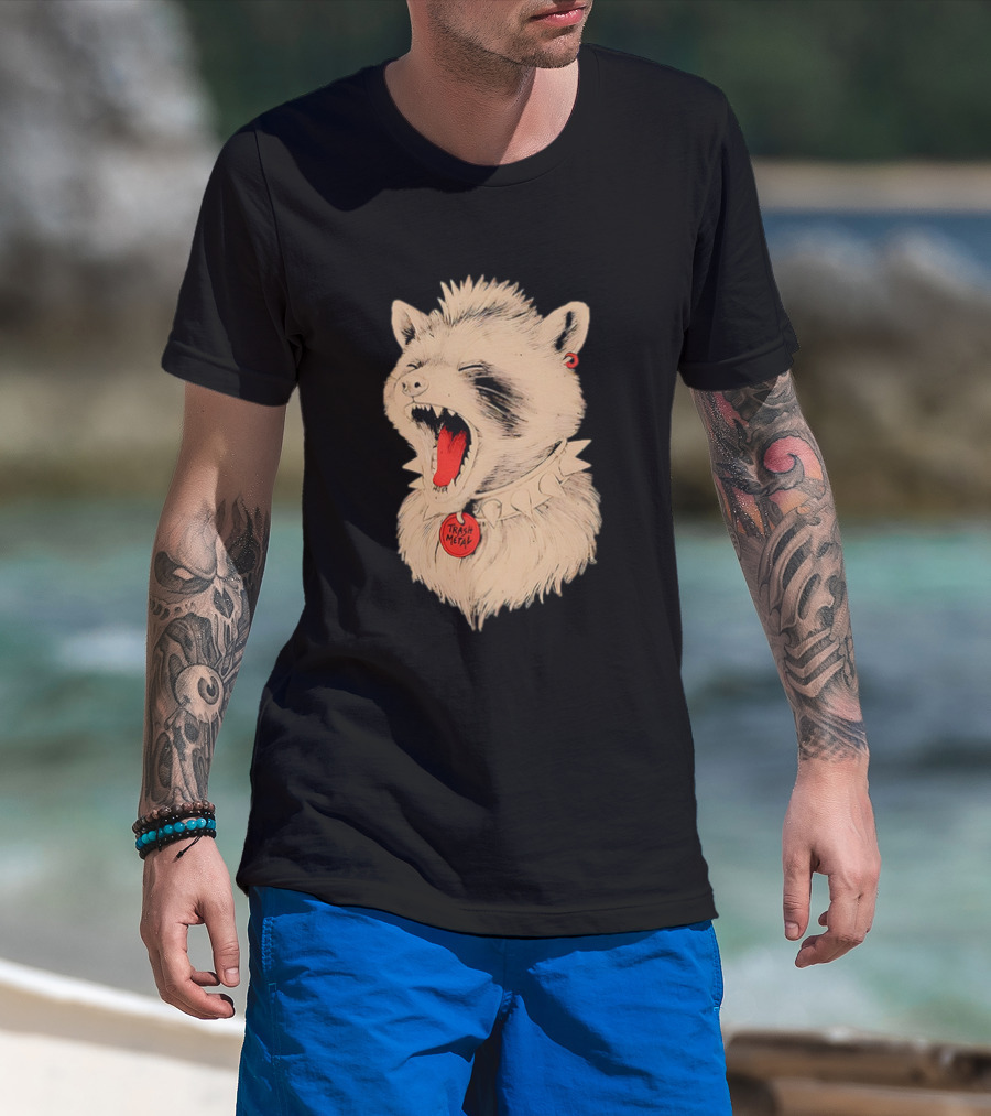 Trash Metal Raccoon With Spike Collar And Red Earring T-Shirt