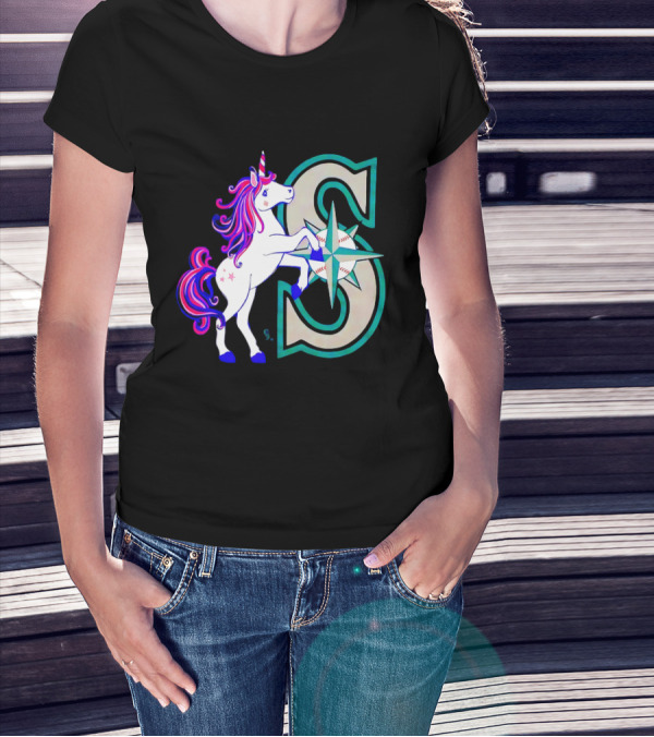 Unicorn Seattle Mariners Baseball Emblem With Compass And Stars T-Shirt