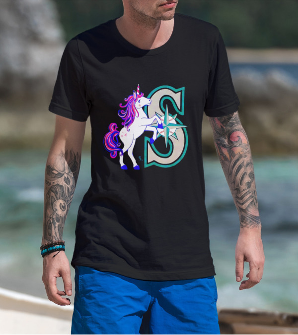 Unicorn Seattle Mariners Baseball Emblem With Compass And Stars T-Shirt
