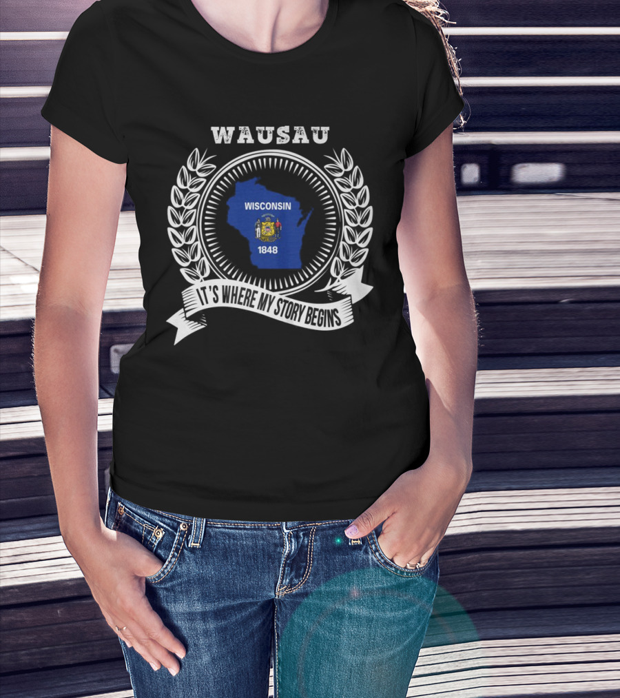 WAUSAU Wisconsin 1848 State Outline Emblem T-Shirt