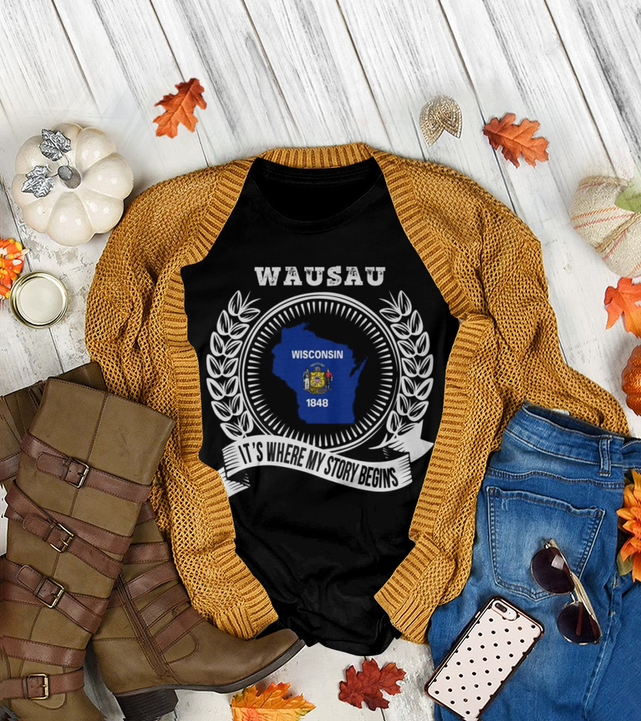 WAUSAU Wisconsin 1848 State Outline Emblem T-Shirt