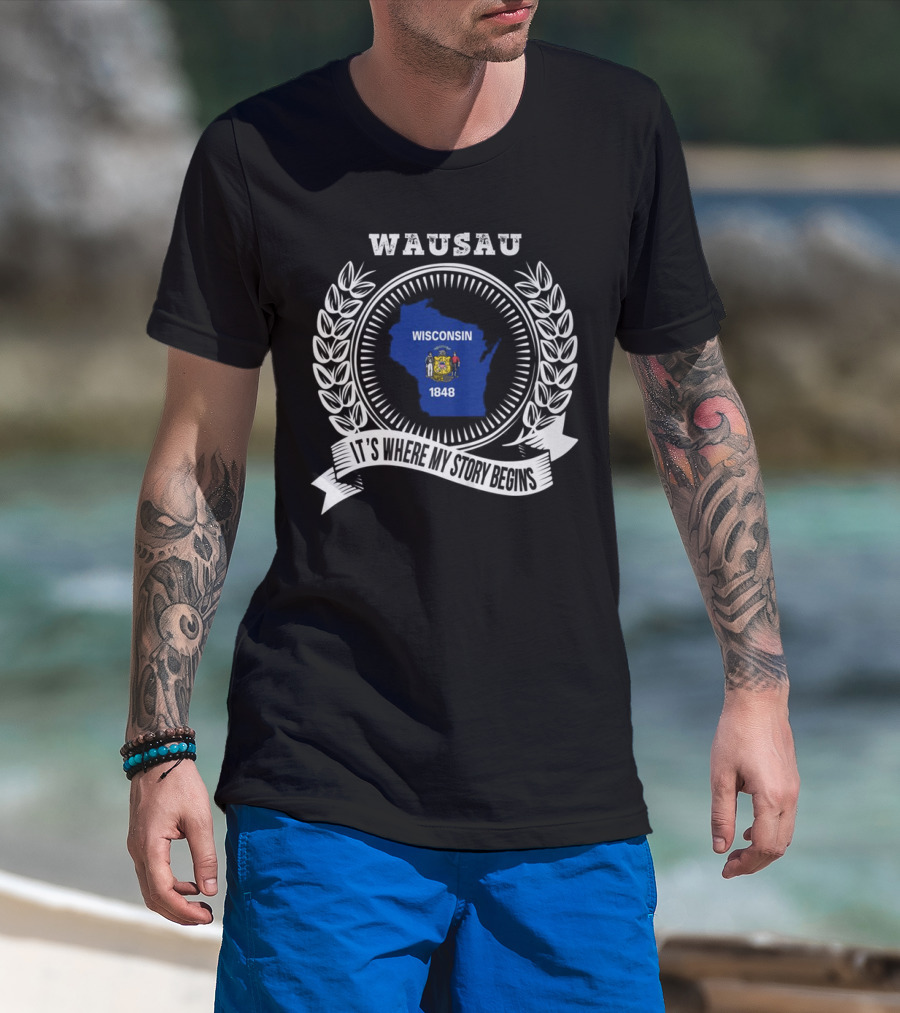 WAUSAU Wisconsin 1848 State Outline Emblem T-Shirt