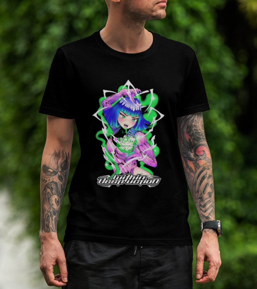Within Destruction Lotus Anime Neon Girl With White Flower T-Shirt