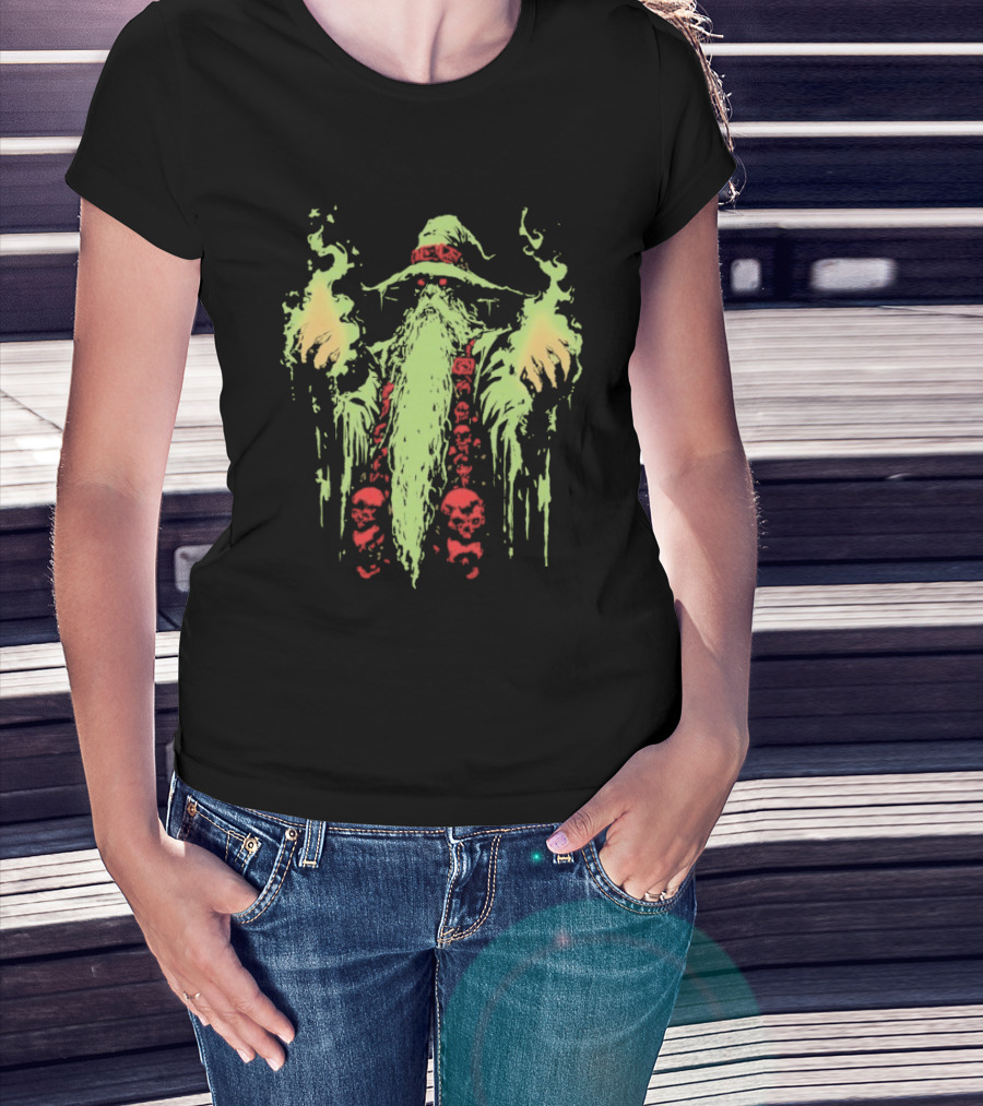 Wizard Of Doom Psychedelic Wizardry With Glowing Aura And Skull Elements T-Shirt
