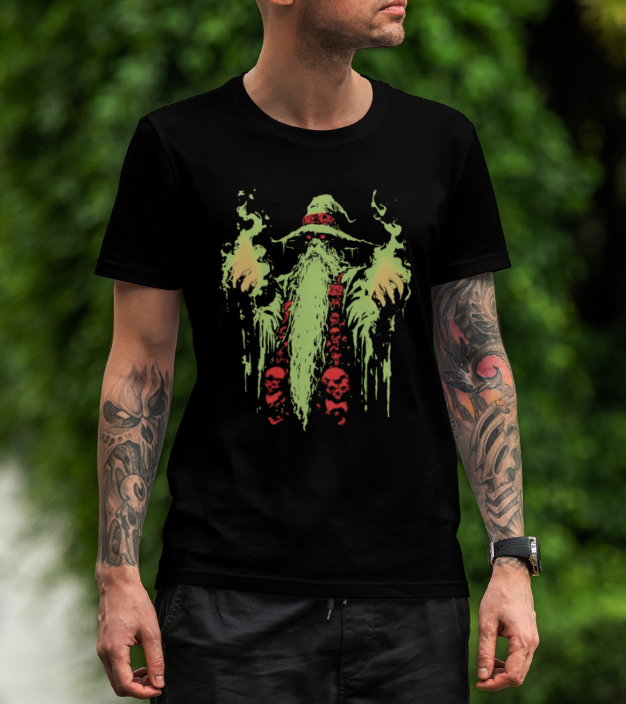 Wizard Of Doom Psychedelic Wizardry With Glowing Aura And Skull Elements T-Shirt