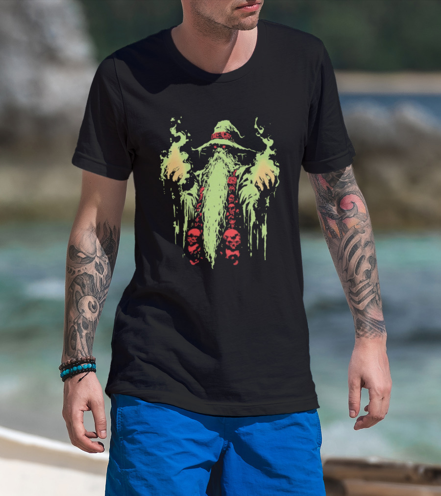 Wizard Of Doom Psychedelic Wizardry With Glowing Aura And Skull Elements T-Shirt