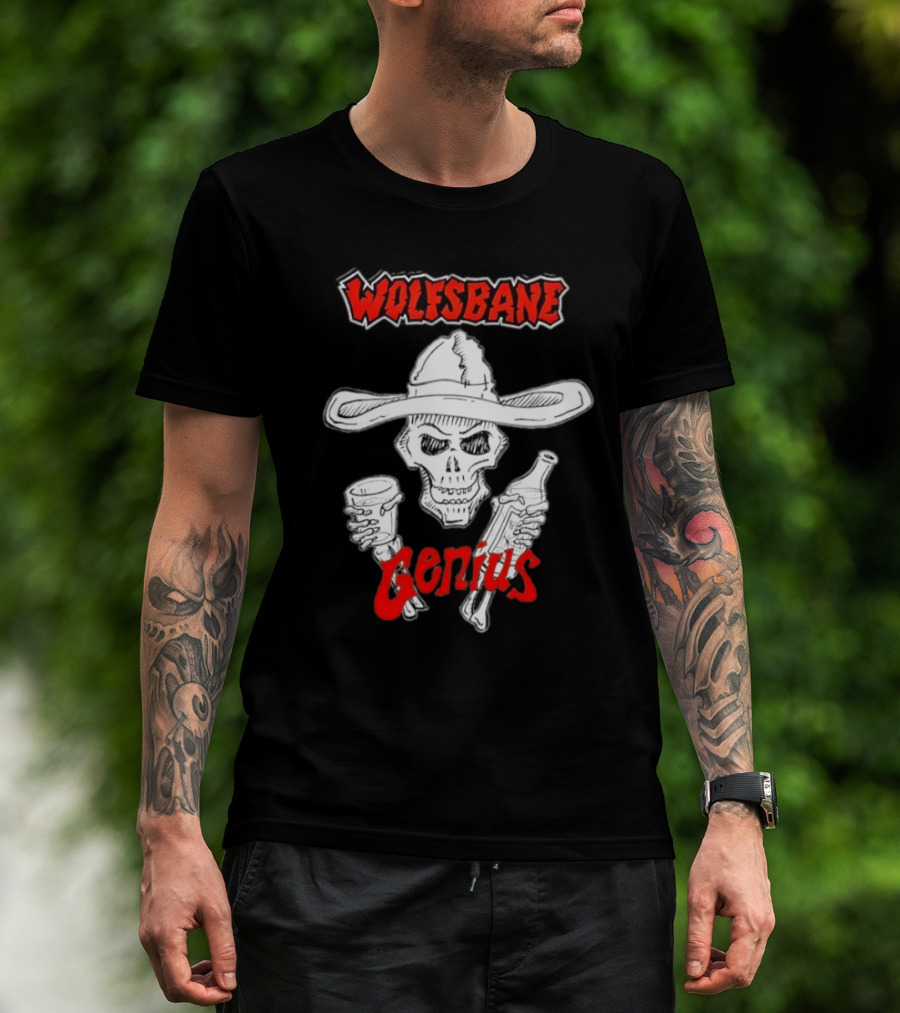 Wolfsbane Genius Skull With Cowboy Hat And Drinks T-Shirt