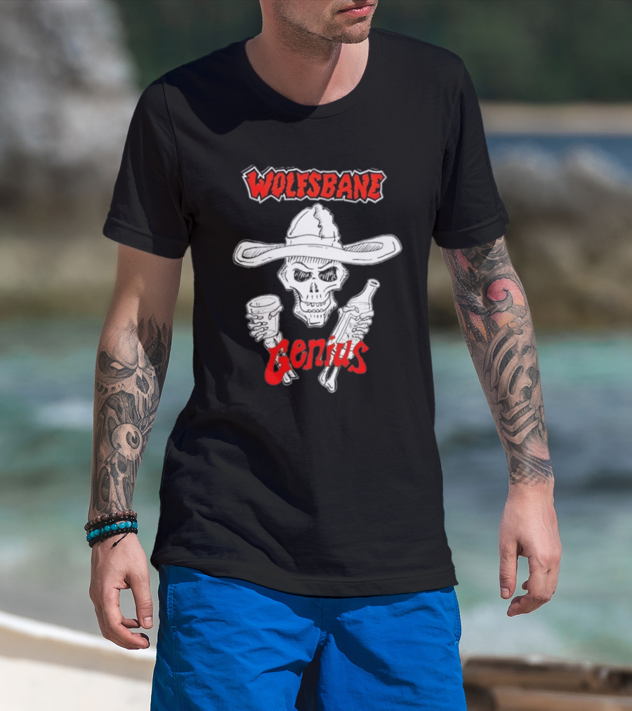 Wolfsbane Genius Skull With Cowboy Hat And Drinks T-Shirt