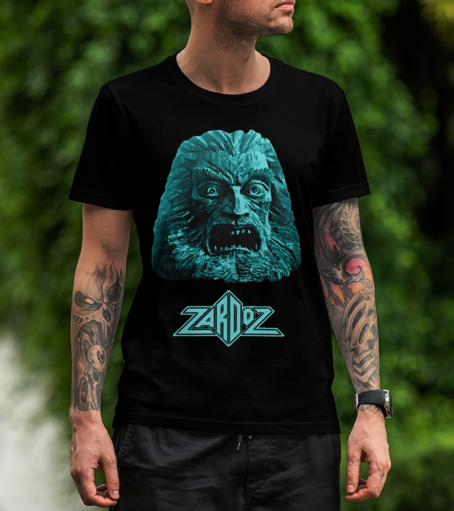 Zardoz Stone Head Blue Face With Logo T-Shirt