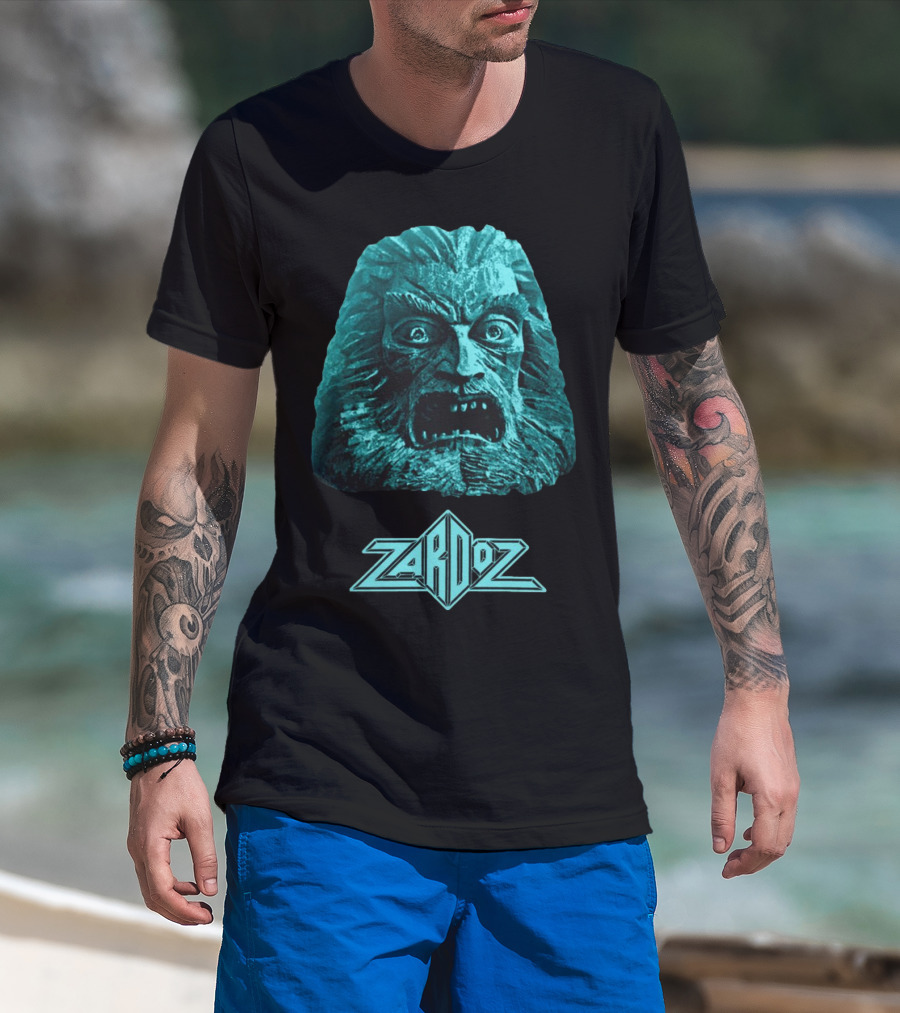 Zardoz Stone Head Blue Face With Logo T-Shirt