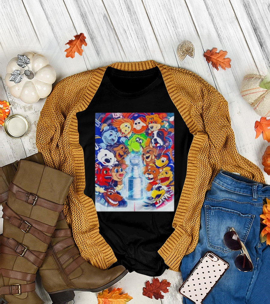 Stanley Cup Playoffs 2025 Mascots with NHL Team Icons Featuring Iconic Trophy T-Shirt