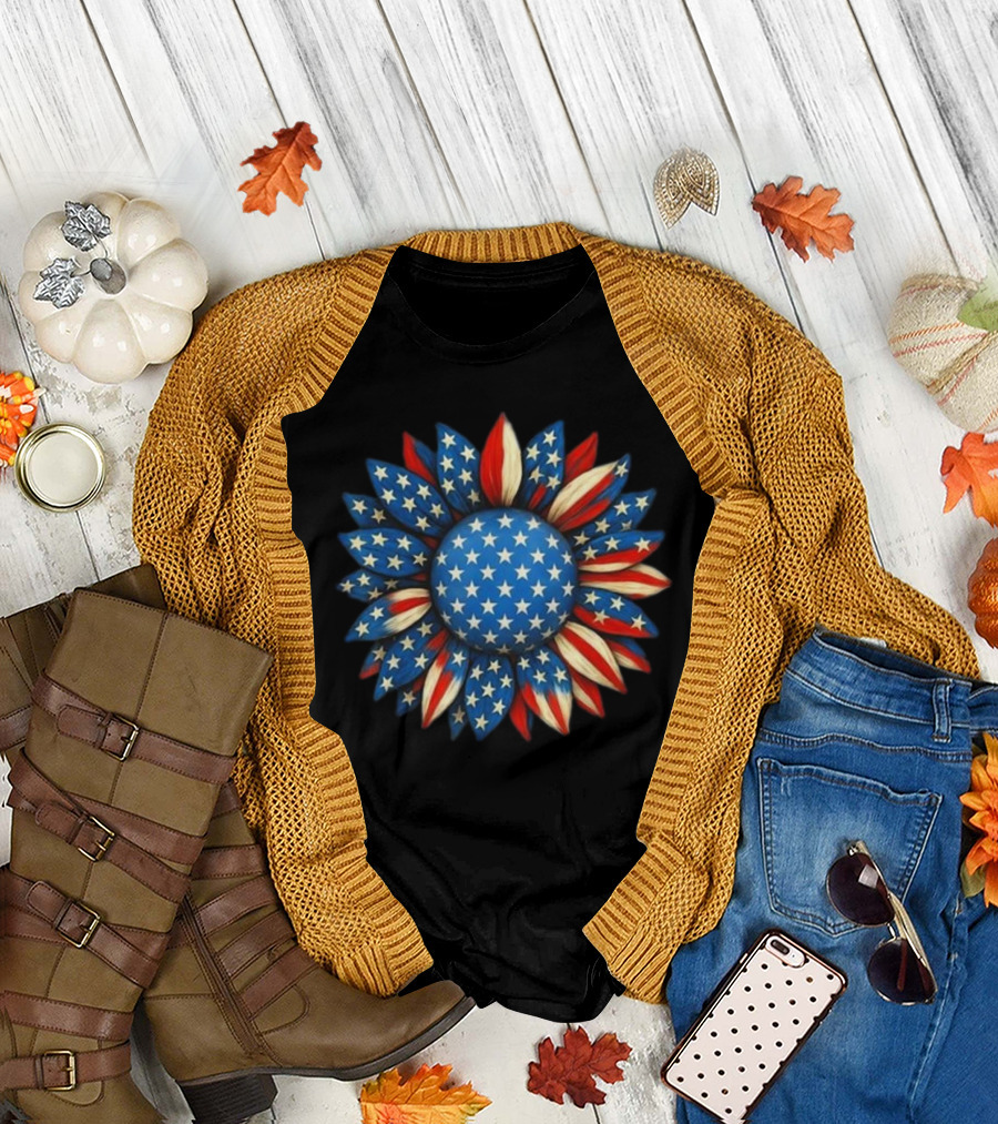 Sunflower American Flag 4th of July Women Men Merica USA Patriotic Flower T-Shirt
