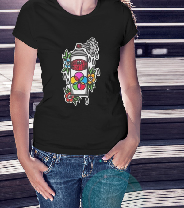 Tan Clemons Groovy Misfits Rattle Can Flower Power Design T-Shirt