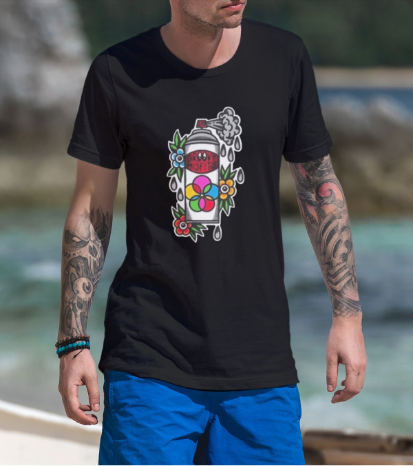 Tan Clemons Groovy Misfits Rattle Can Flower Power Design T-Shirt