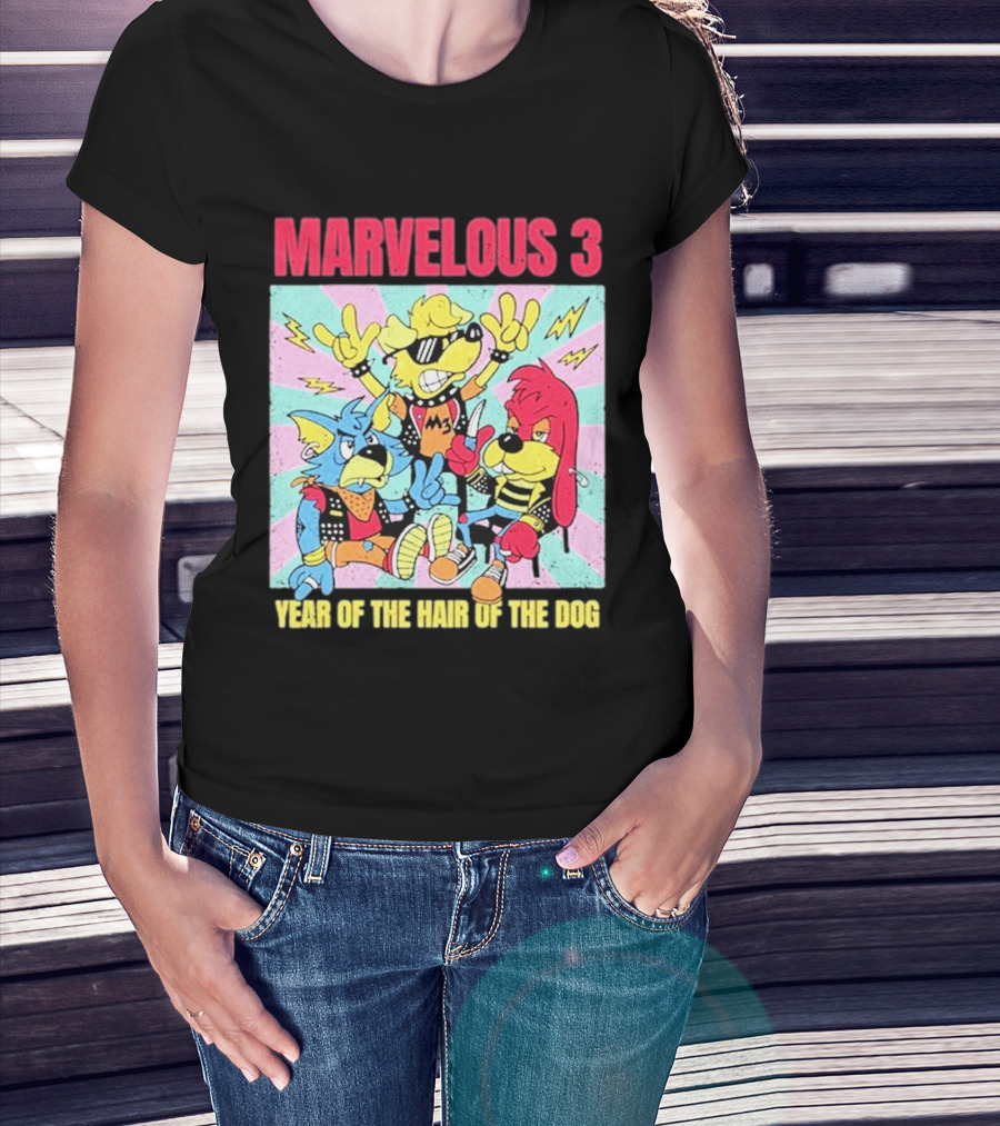 Marvelous 3 Year Of The Hair Of The Dog Cartoon Dogs With Punk Outfits And Sunglasses T-Shirt