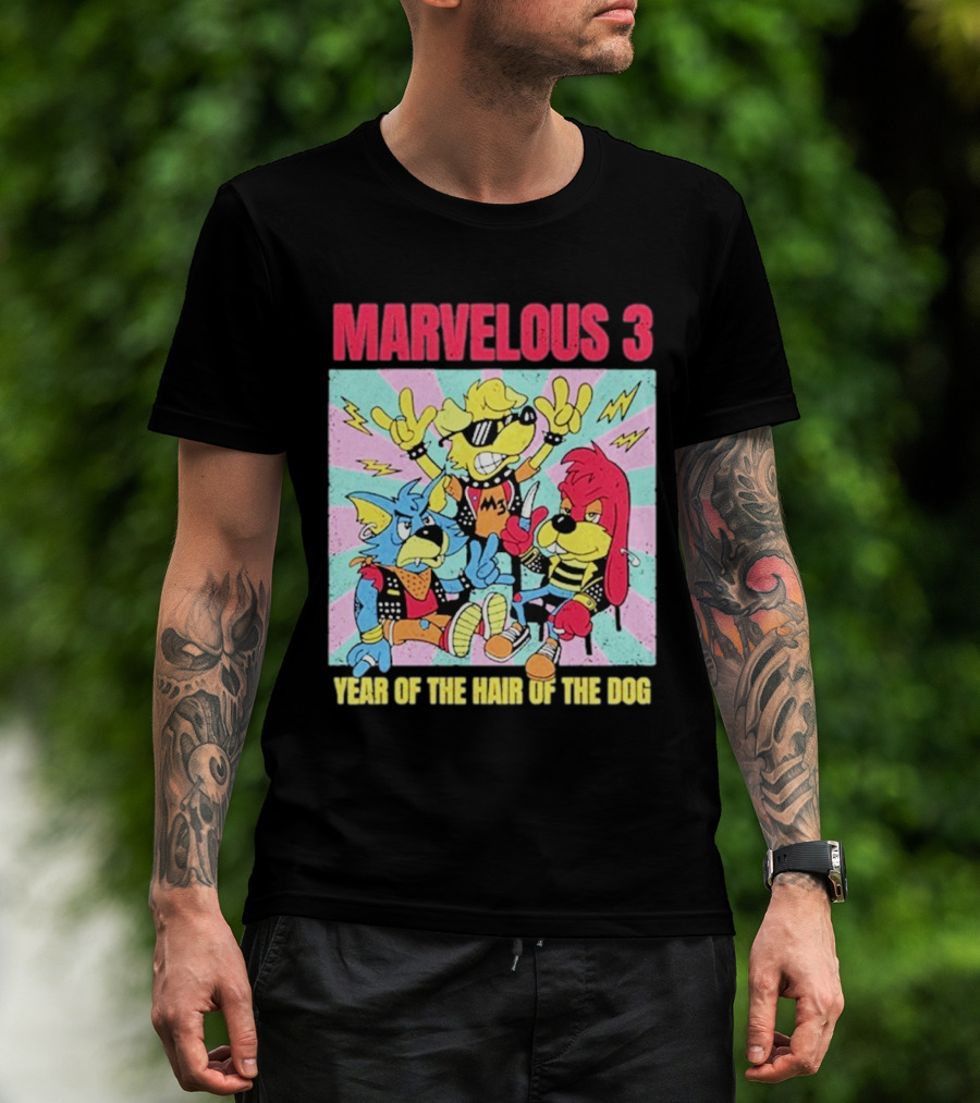 Marvelous 3 Year Of The Hair Of The Dog Cartoon Dogs With Punk Outfits And Sunglasses T-Shirt