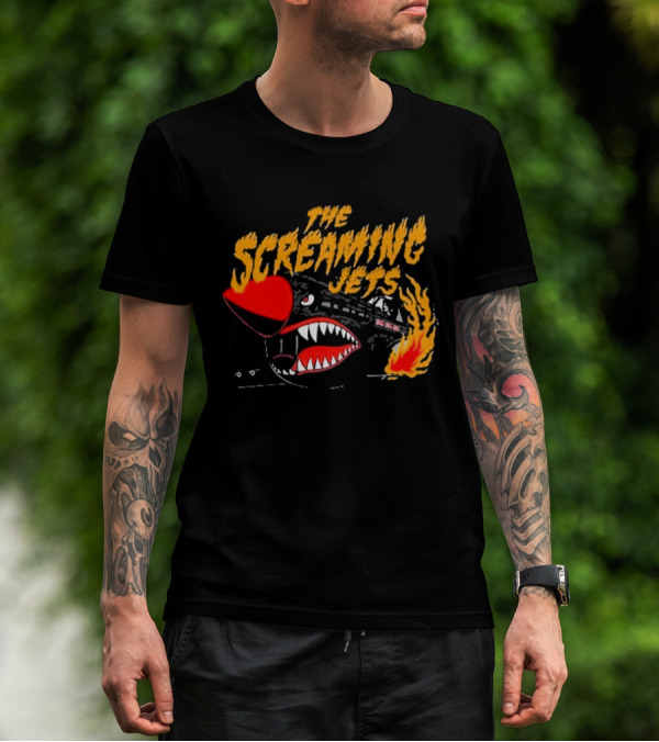 The Screaming Jets Flaming Jet With Fiery Cartoon Jet Fighter T-Shirt