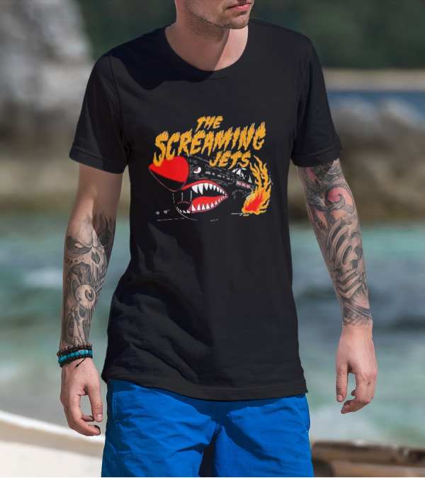 The Screaming Jets Flaming Jet With Fiery Cartoon Jet Fighter T-Shirt