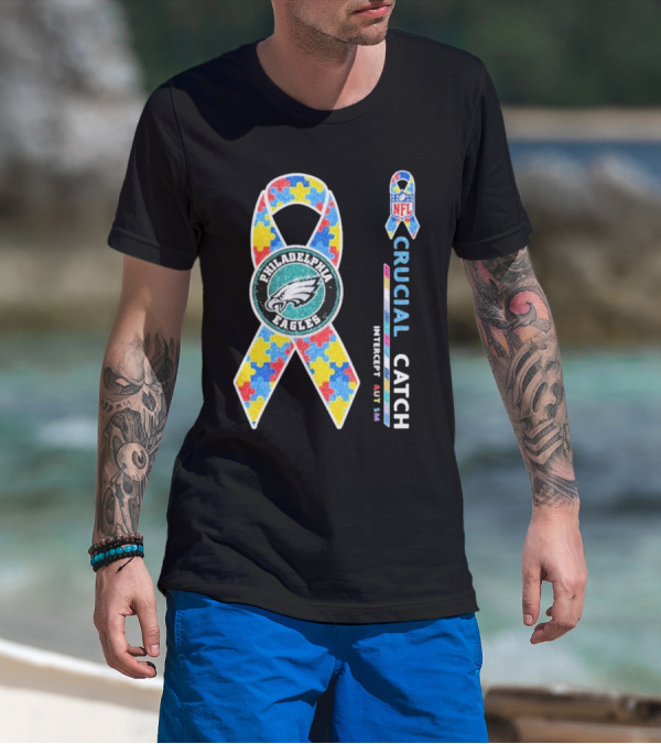 Philadelphia Eagles Autism Awareness Crucial Catch NFL Puzzle Ribbon T-Shirt