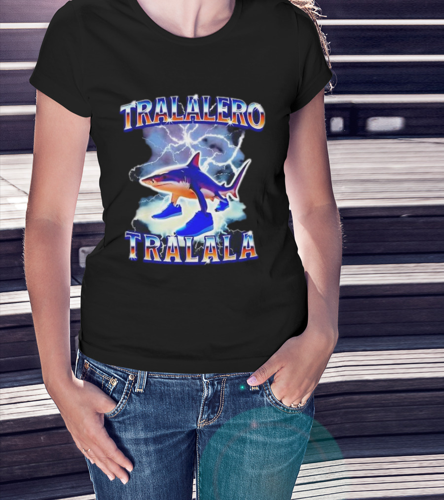 TRALALERO TRALALA Shark With Sneakers Lightning Background T-Shirt