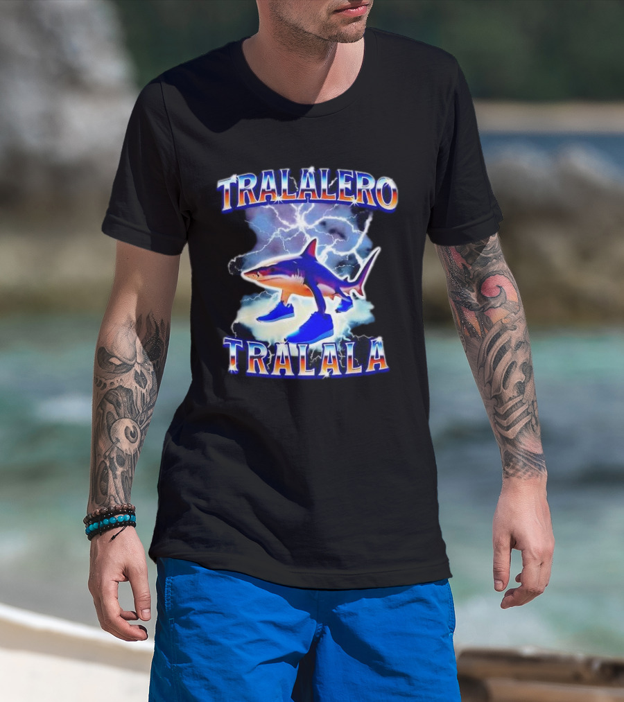 TRALALERO TRALALA Shark With Sneakers Lightning Background T-Shirt