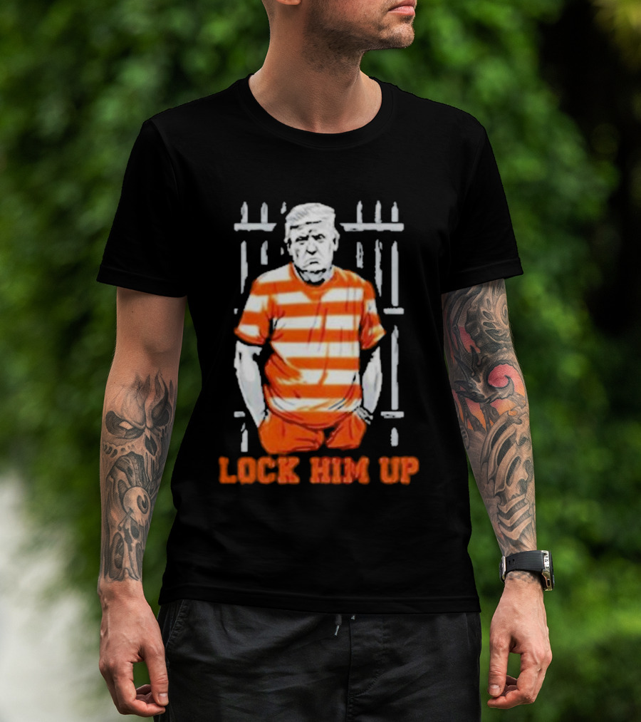 Trump Lock Him Up Jail Stripes Standing Prison Bars T-Shirt