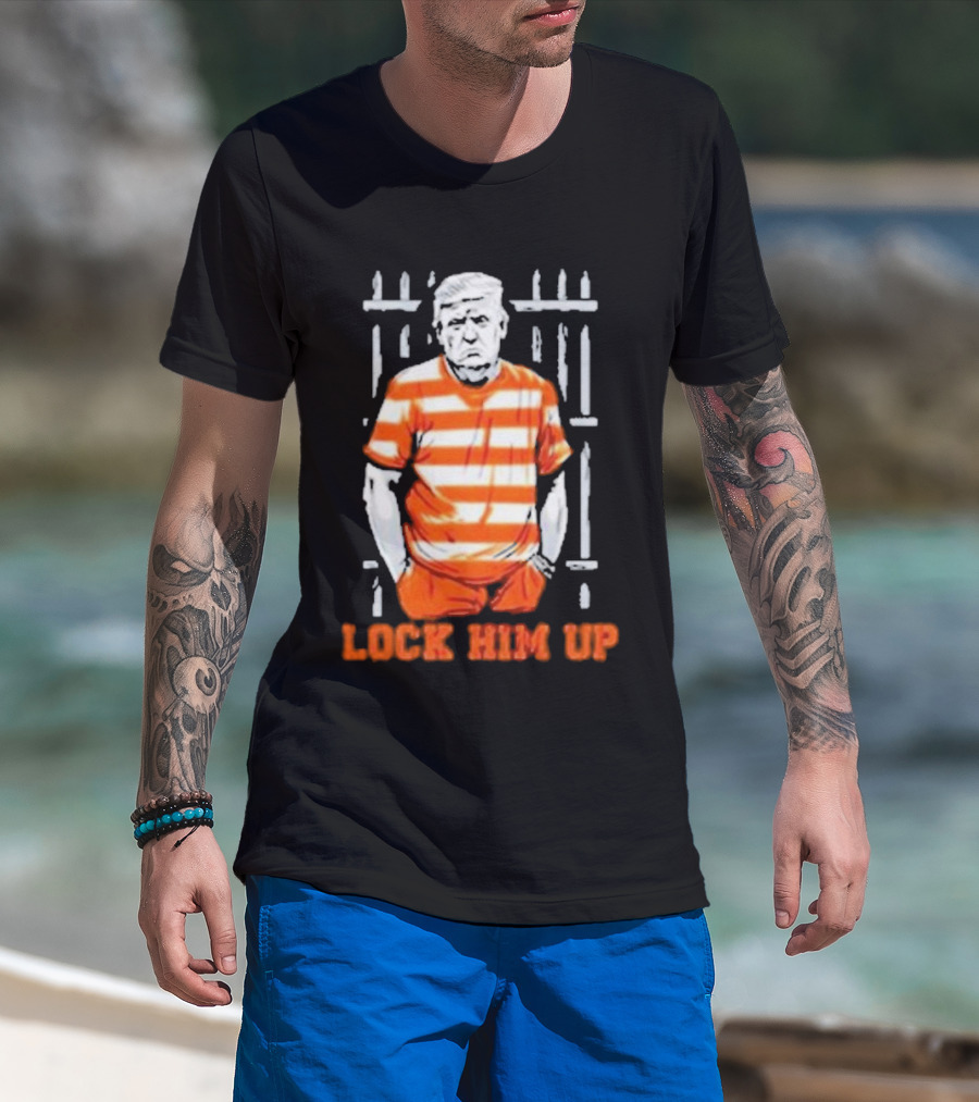Trump Lock Him Up Jail Stripes Standing Prison Bars T-Shirt