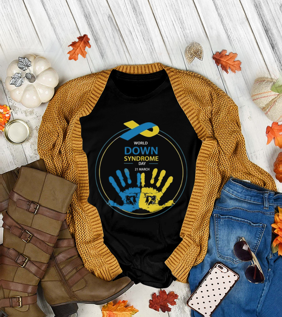 World Down Syndrome Day 21 March Blue Yellow Handprint Ribbon T-Shirt