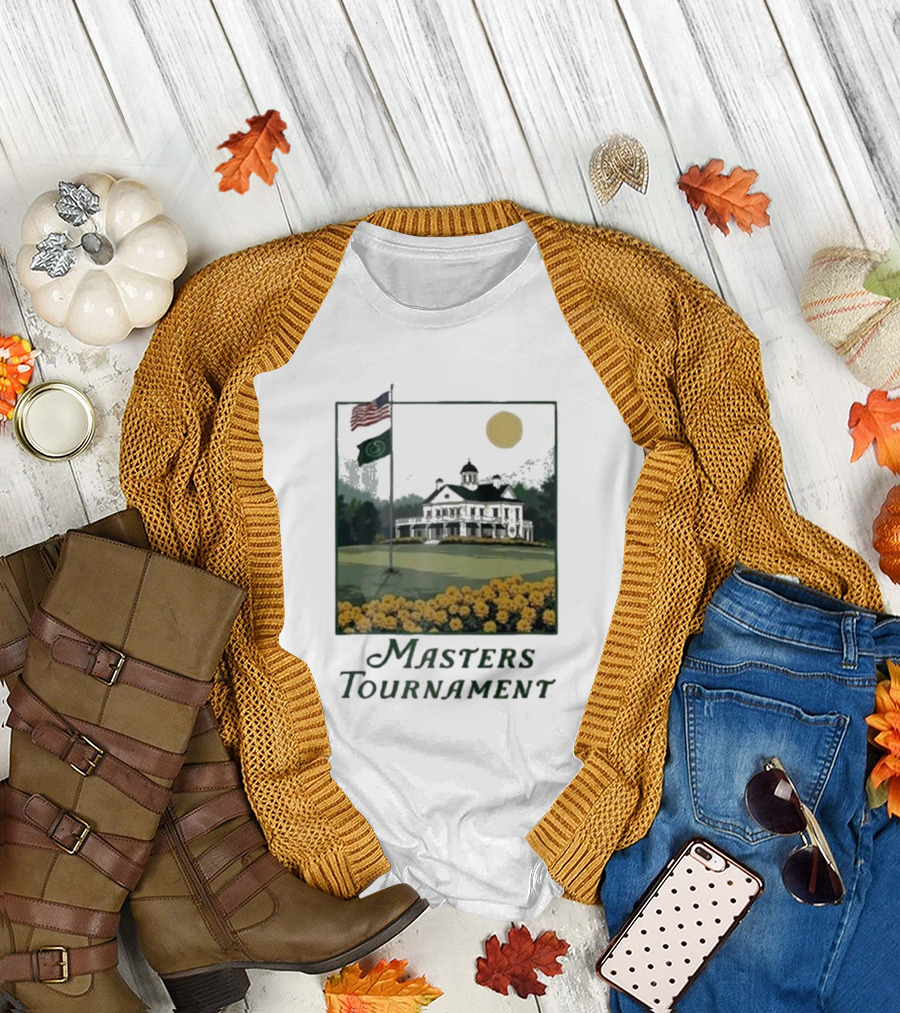 Masters Tournament Augusta 2025 Iconic Clubhouse American and Tournament Flags with Yellow Flowers T-Shirt
