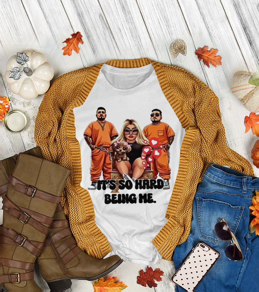 It's So Hard Being Me Blonde Woman with Two Tattooed Men in Orange Outfits and Puppy T-Shirt