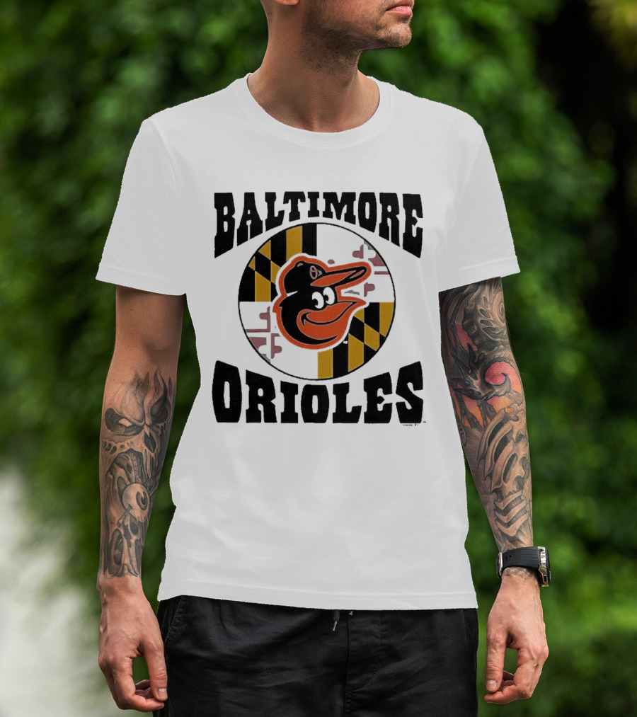 Baltimore Orioles Homage Hyper Local Tri-Blend Bird And Maryland Flag T-Shirt