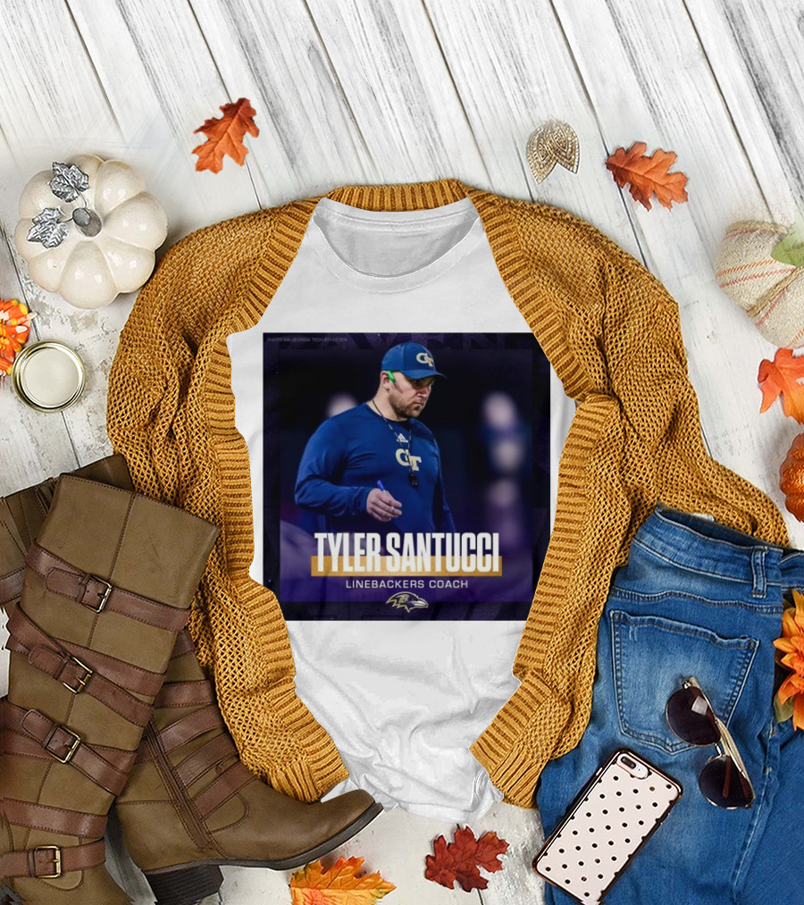 Baltimore Ravens Tyler Santucci Linebackers Coach Announcement with Ravens Logo and GT Attire T-Shirt