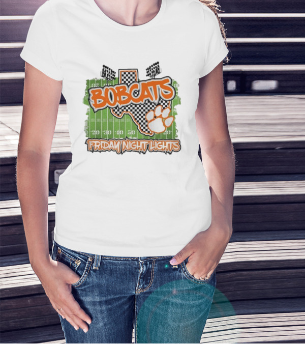Bobcats Friday Night Lights Texas Football Paw Print Field Checkerboard T-Shirt