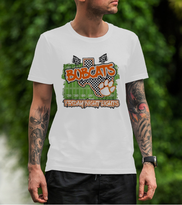 Bobcats Friday Night Lights Texas Football Paw Print Field Checkerboard T-Shirt