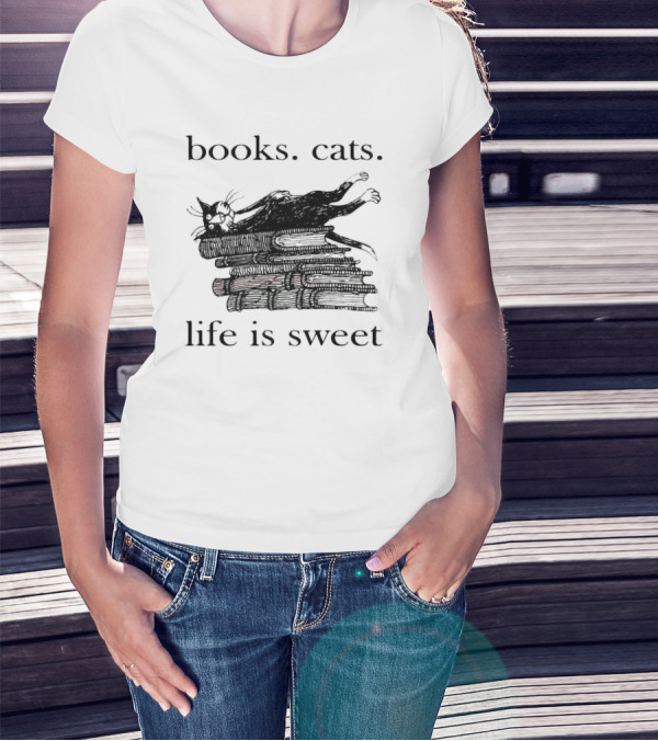 Books Cats Life Is Sweet Relaxing Cat On Stacked Books With Coffee Cup T-Shirt