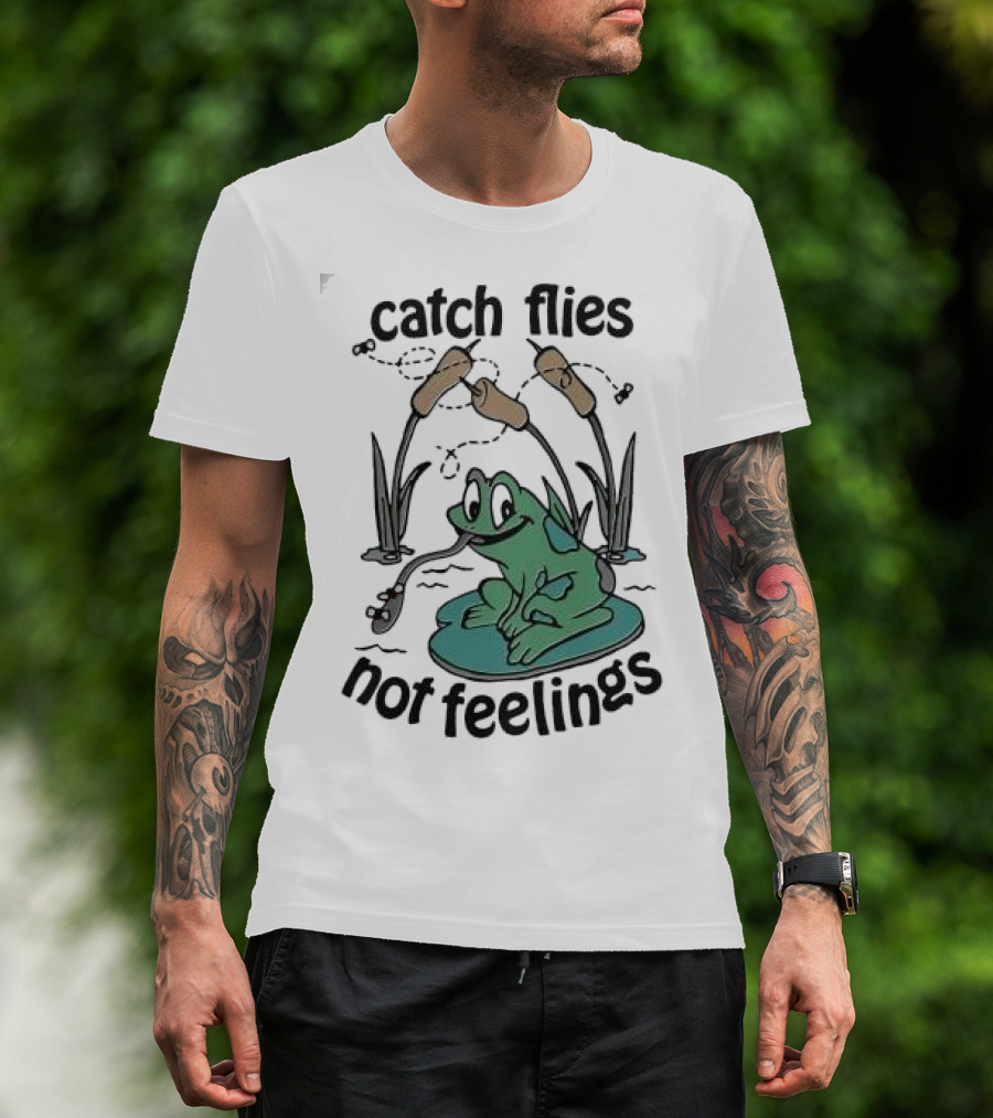 Catch Flies Not Feelings Frog On Lily Pad With Swirling Flies T-Shirt