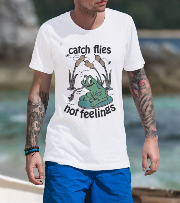 Catch Flies Not Feelings Frog On Lily Pad With Swirling Flies T-Shirt
