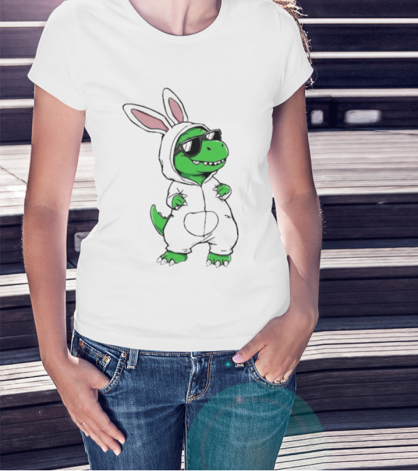 Cool Dino Wearing Easter Bunny Rabbit Costume With Sunglasses T-Shirt