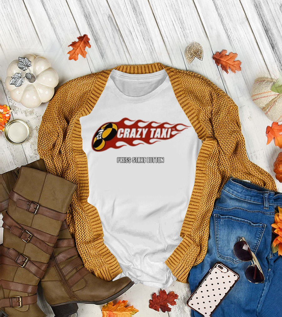 Crazy Taxi Press Start Button Iconic Video Game Flames Graphic T-Shirt