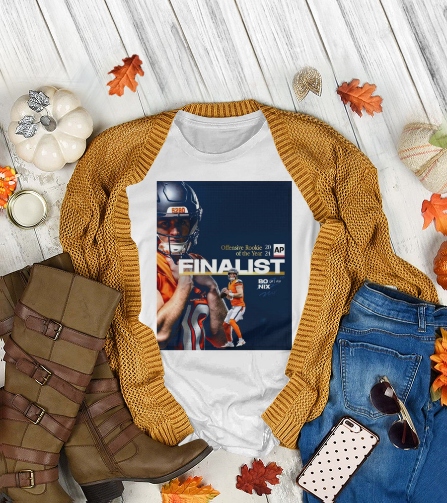 Denver Broncos Bo Nix 2024 Offensive Rookie of the Year Finalist Signature AP T-Shirt