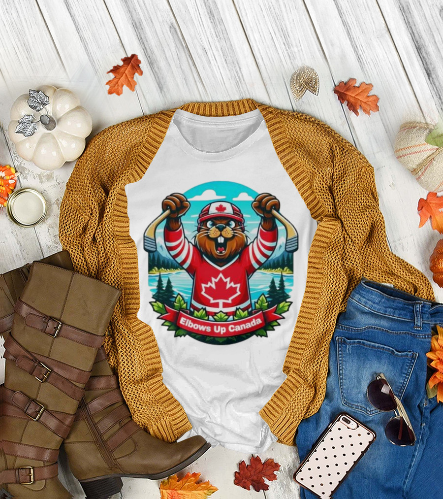 Elbows Up Canada Beaver Mascot Hockey Celebration Canadian Maple Leaf Forest T-Shirt