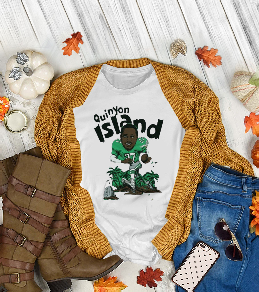 Quinyon Island Eagle 27 Football Player Running with Palm Trees and Rocks T-Shirt